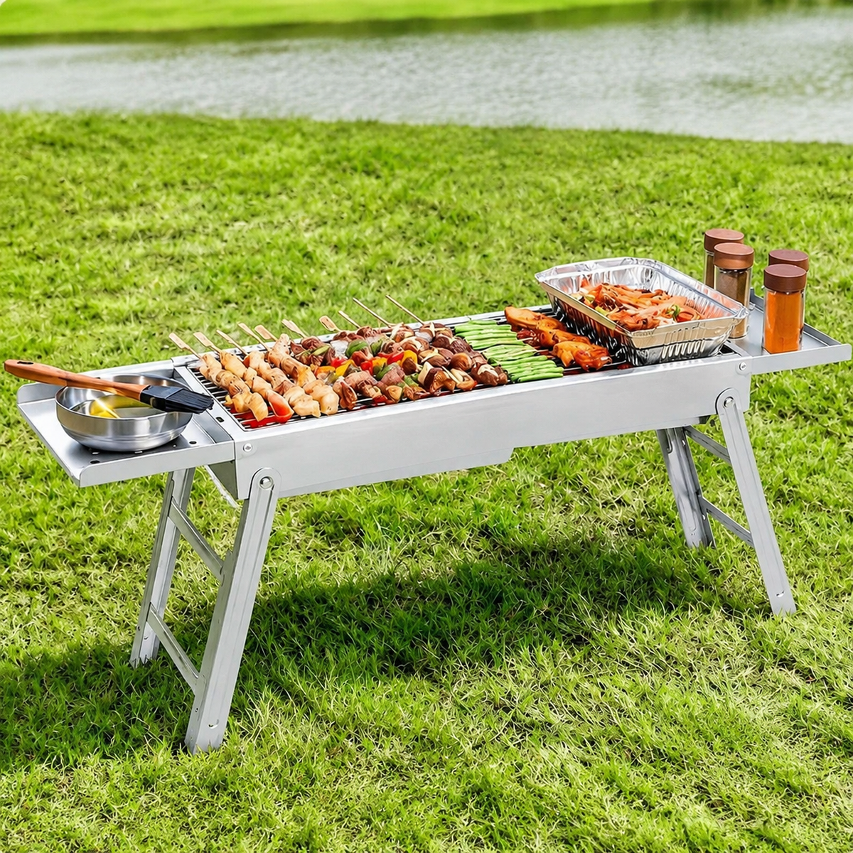 Foldable Charcoal Grill, Portable Camping Grill for 3-7 People, Suitcase Grill with Grill Grate, 88.5x23x29.5cm