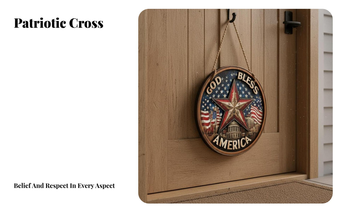 Independence Day Wooden Decor Indoor Outdoor Independence Day Wall Decoration Easy to Hang American Flag Door Hanger for Porch, Farmhouse, Living Room