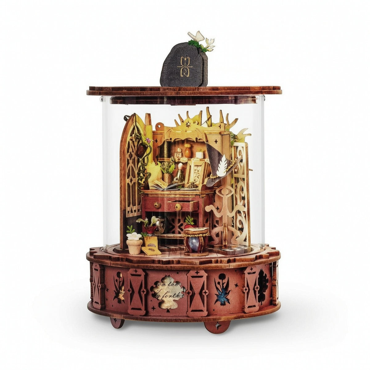 Music Box with Display Cover Wooden Miniature Music Box Small-Scale Decor for Hobbyists, Crafters, Bookshelf, Study Room