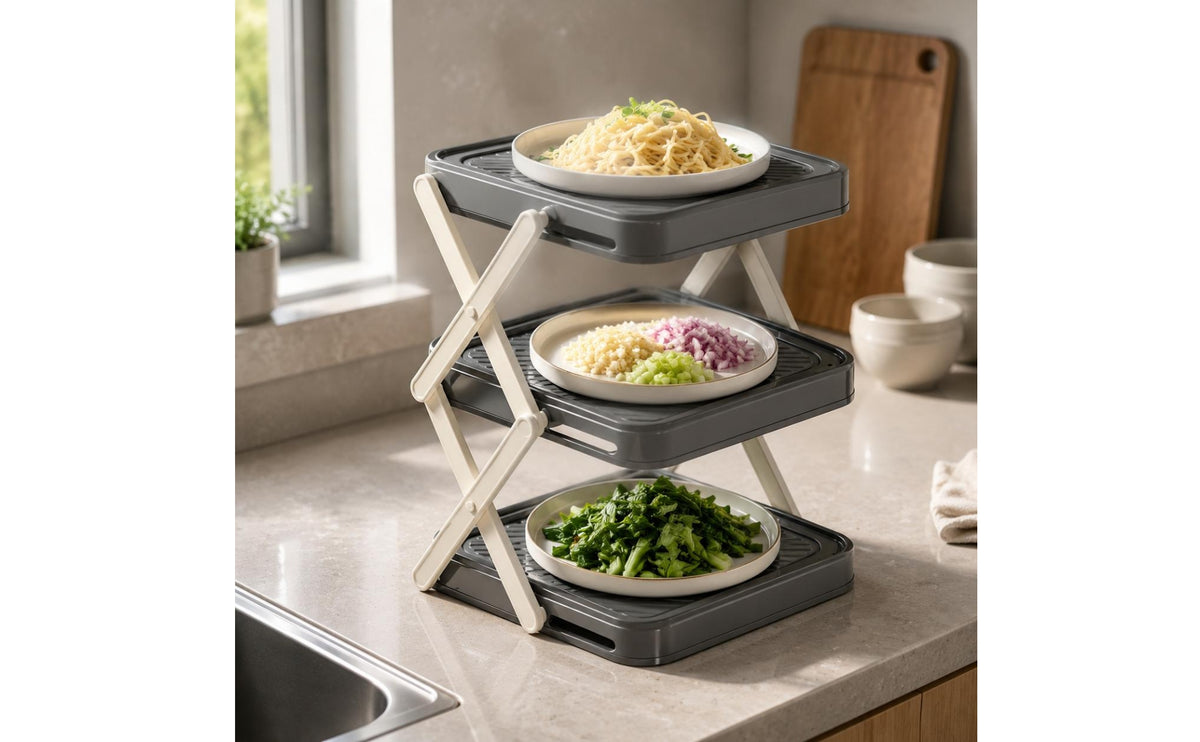 Foldable Prep Rack Triangular Frame Collapsible Tray Stand Rounded Corners