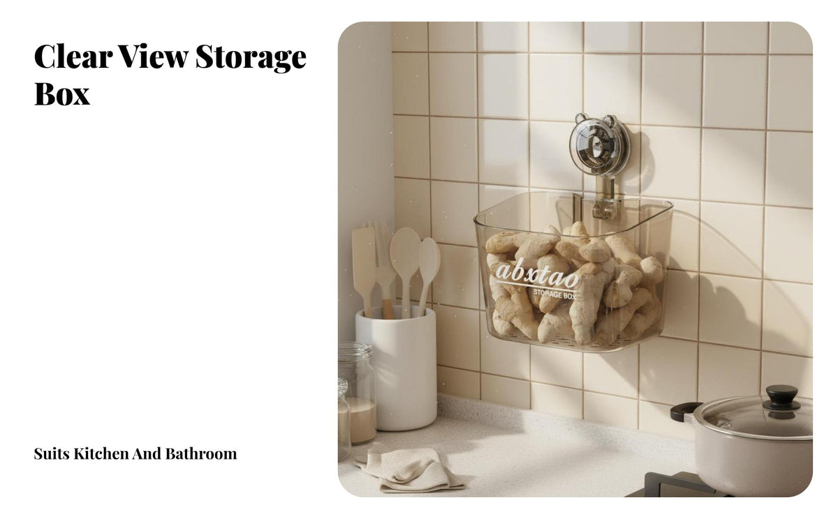 No-Drill Installation Suction Cup Storage Bin Space-Saving Wall Container Strong Load-Bearing Hanging Holder Transparent Design for Renters, Homemakers, Students, Kitchen, Bathroom, on Tiled Walls, Pantry