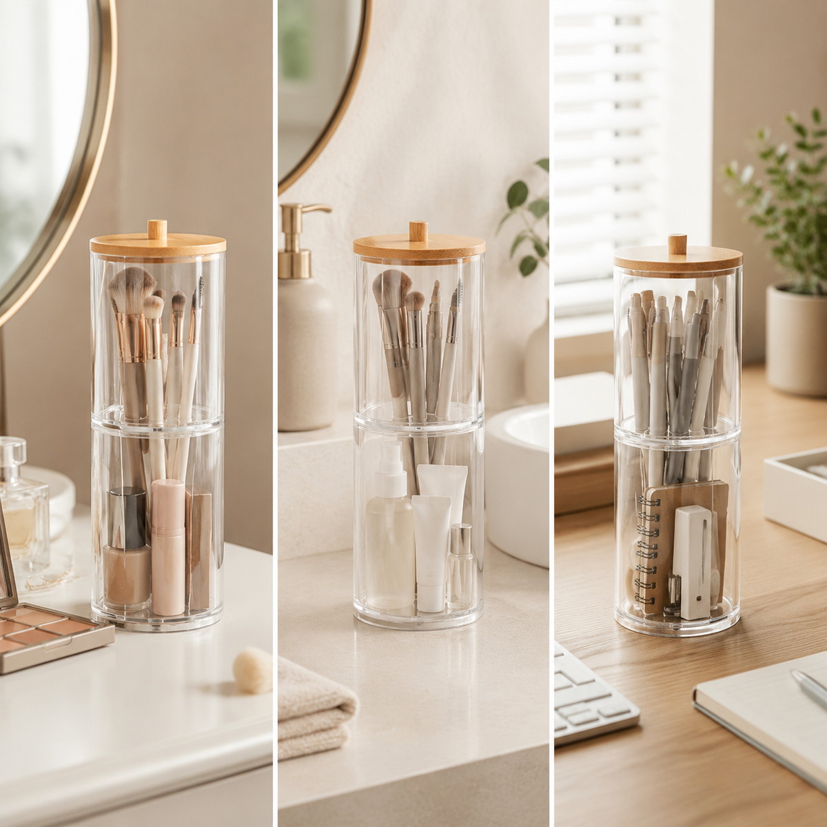 Creative Desktop Makeup Brush Holder with Dustproof Lid - Portable Large Capacity Cylindrical Organizer