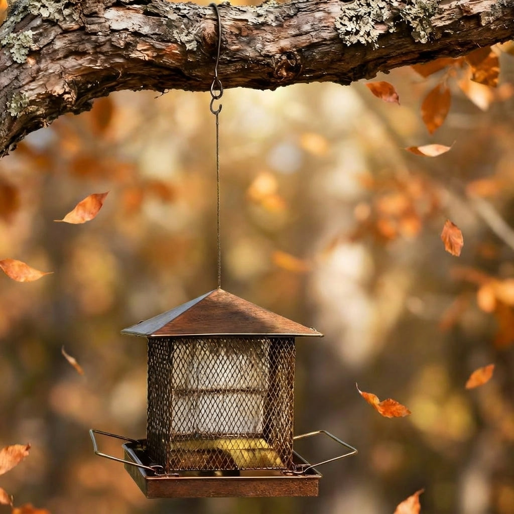 Squirrel Resistant Bird Feeder, Decorative Hanging Iron Outdoor Bird Feeder with Rain Protection Roof, Outdoor Garden Heavy Duty Metal Tray Perch