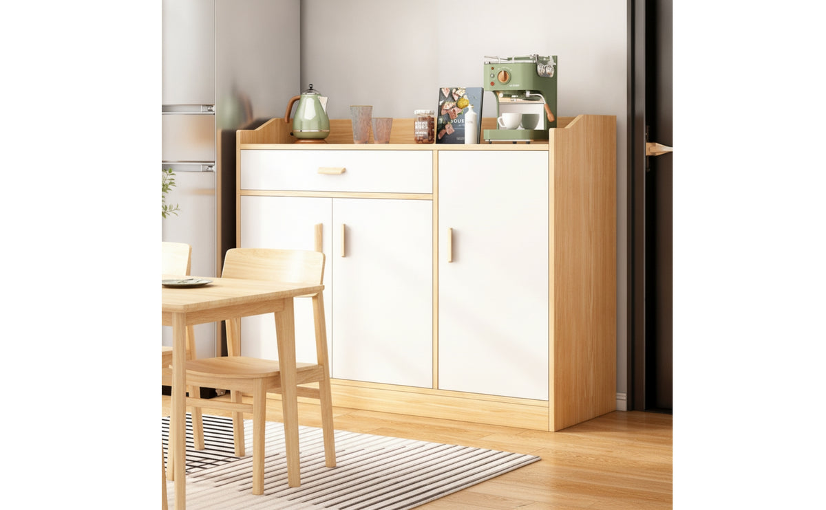 Storage Sideboard Freestanding Storage Cabinet with Doors Wood-Grain Three-Door Cabinet for Apartment Renters, Kitchen, Dining Room