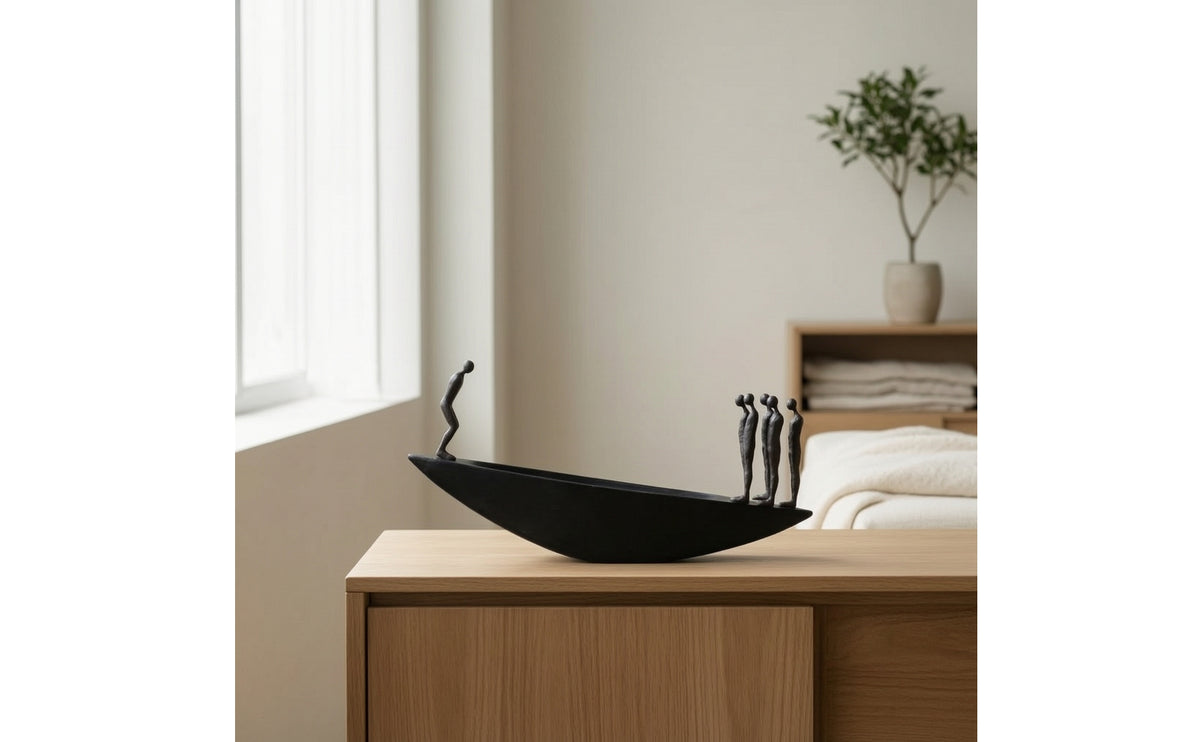 Boat Sculpture with Figures Matte Black Abstract Sculpture Minimalist Decorative Statue for Art Collectors, Interior Designers, Living Room, Entryway