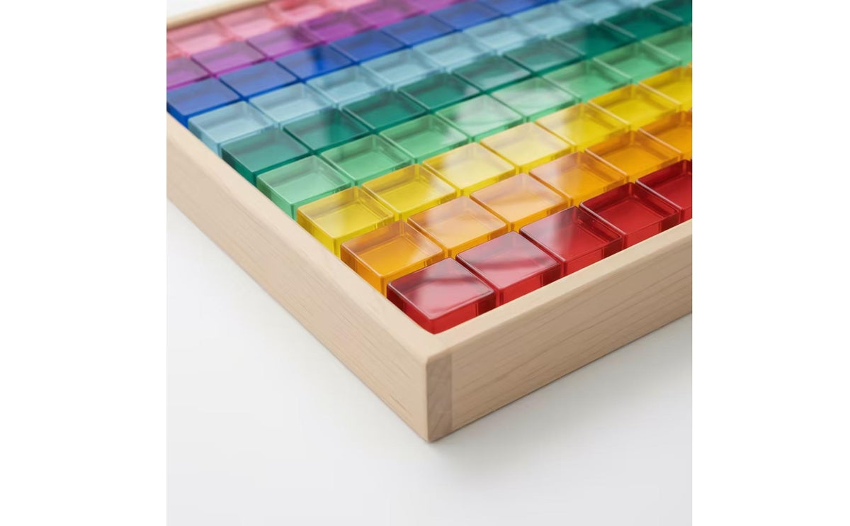 Acrylic Block Play Board Geometric Wooden Board with Acrylic Blocks Stackable Sensory Blocks for Playroom, Classroom