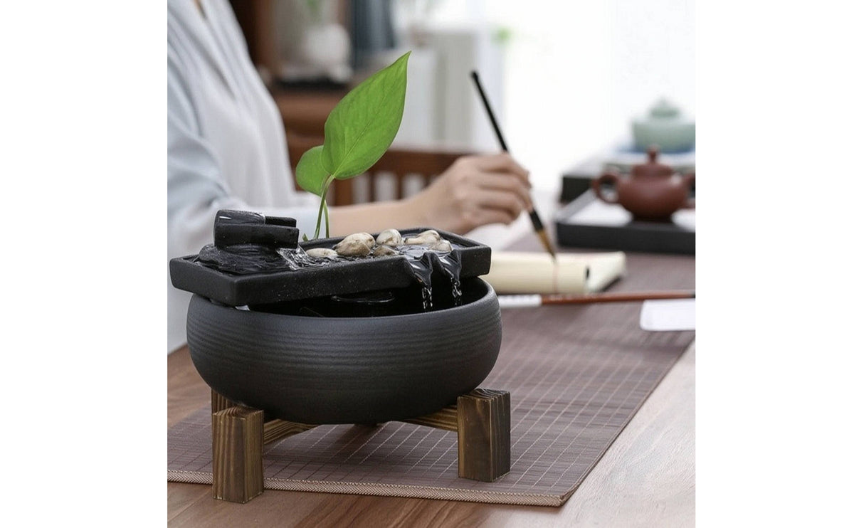 Ceramic Fountain with Wooden Stand Relaxing for Desk, Tea Table