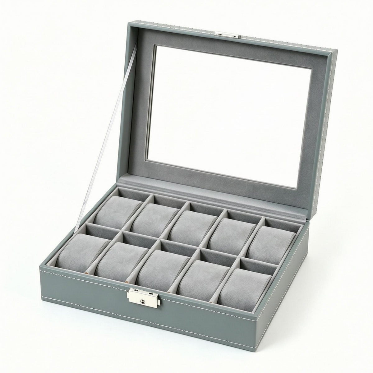 Soft Velvet Soft Cushioning 10 Slot Watch Box Leather-Look Finish 10-Slot Watch Case Transparent Lid Accessory Storage Front Latch