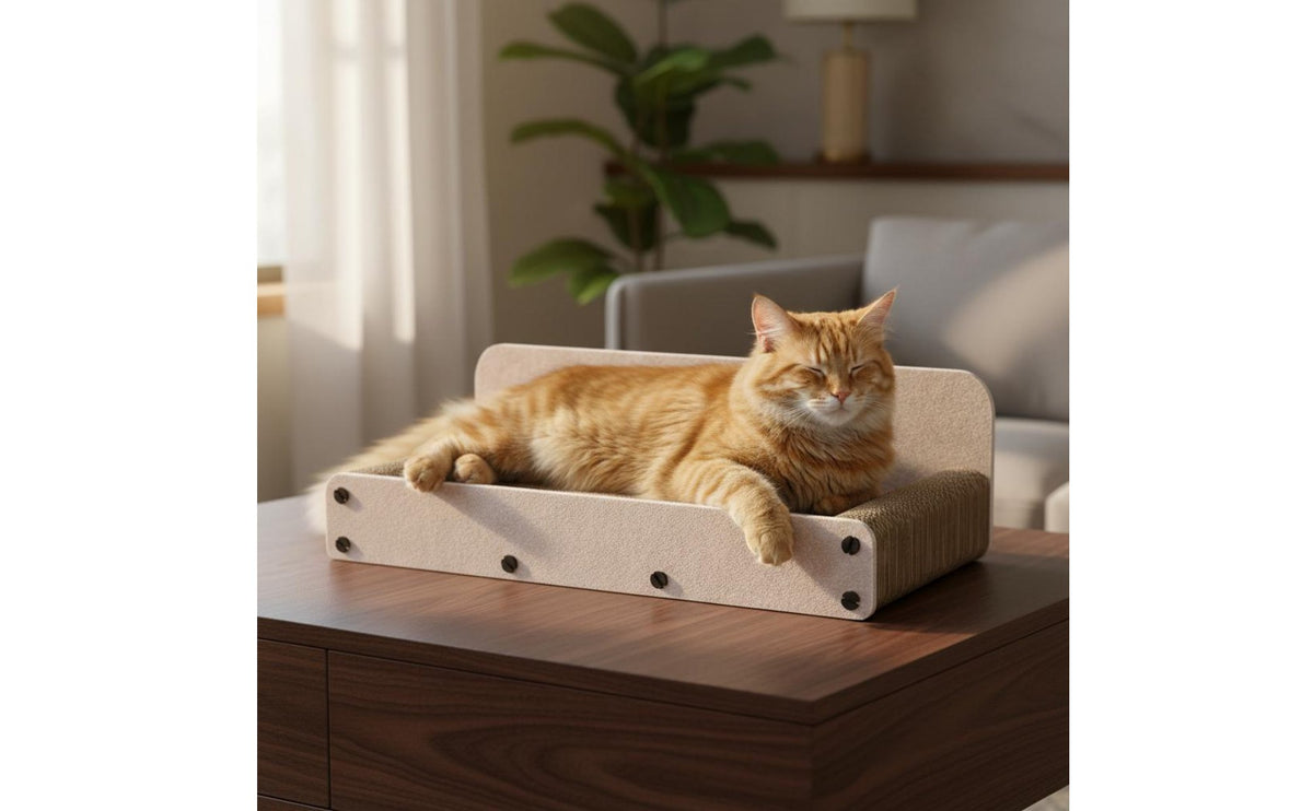 Wear-Resistant Corrugated Feline Scratcher Sofa Low Dust Feline Lounge Bed with Scratch Board Long-Lasting Pet Furniture 2 in 1 for Cats, Indoor