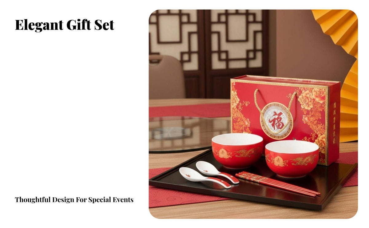 Red Ceramic Bowl with Fu Character, Festive Tableware for Weddings, Birthdays, Restaurant, Gift Box
