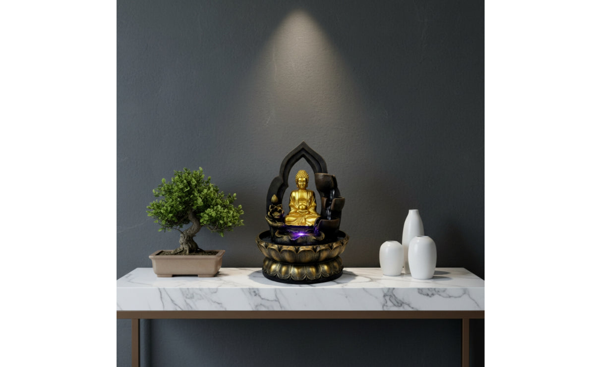 Black and Gold Fountain with Buddha Figure Textured Tabletop Water Fountain Small Zen-Style for Desk