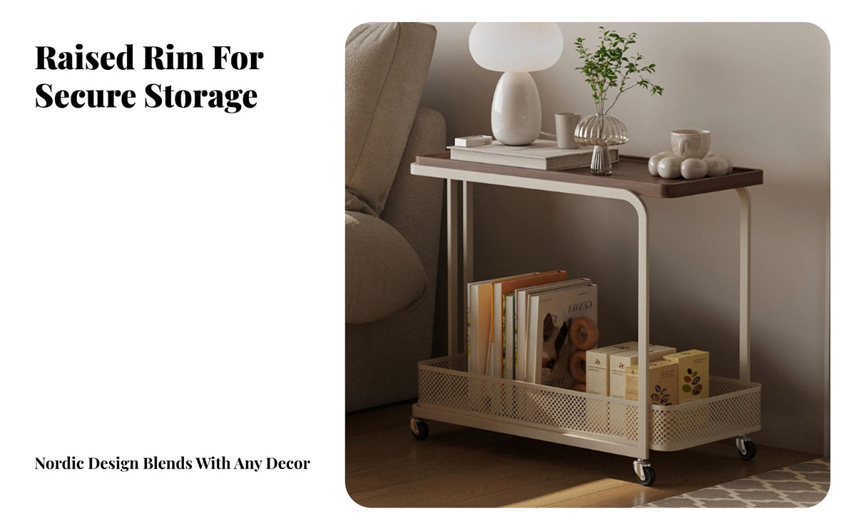 Mobile Design 2-Tier Sofa Organizer Space-Saving 2-Tier Rolling Trolley Minimalist Design Side Table Multi-Functional for Apartment Dwellers, Office Workers, Living Room, Small Areas, Bedroom, Kitchen