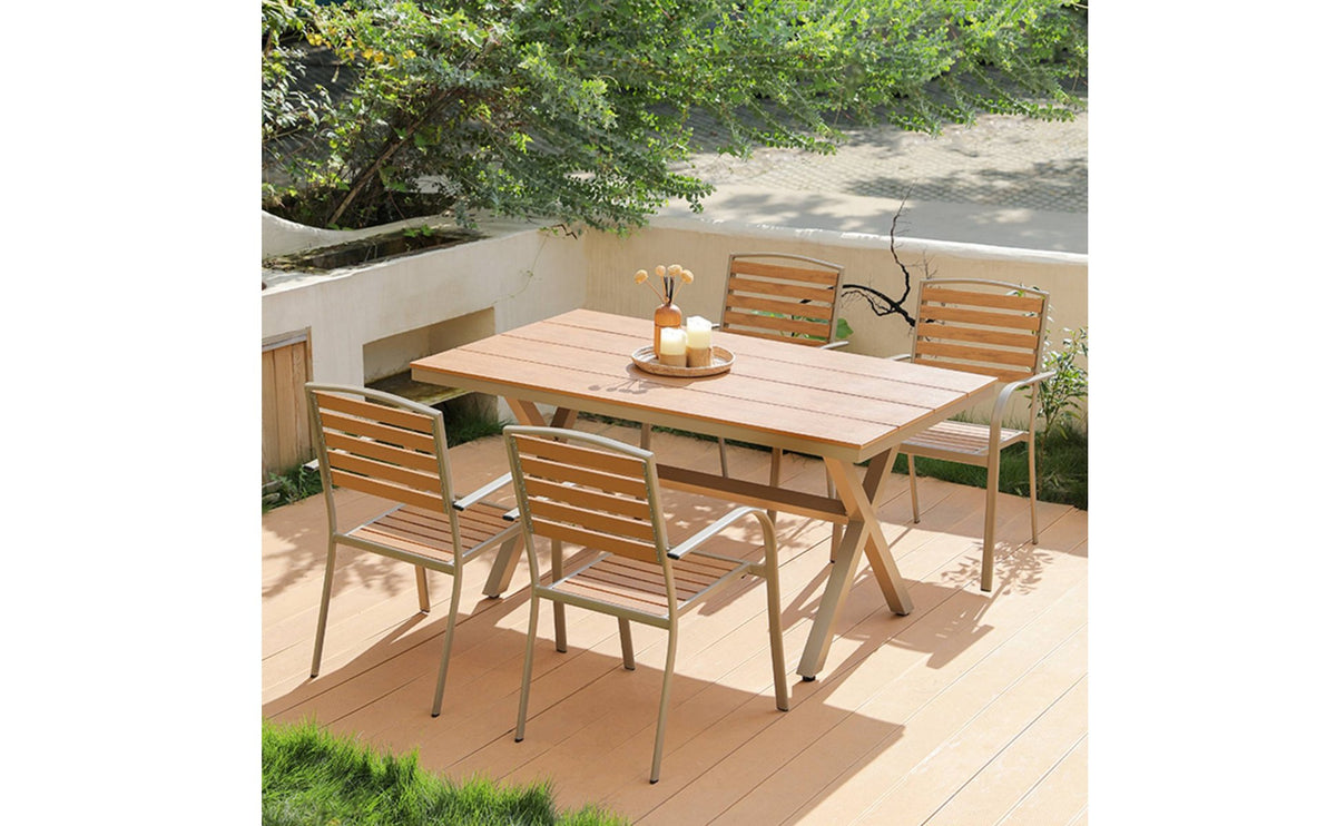 5 Pieces Weather Resistant Plastic Wood Garden Table and Chairs Easy to Clean Rectangular Patio Dining Set Rustproof 5 Piece Outdoor Dining Set for Balcony, Courtyard