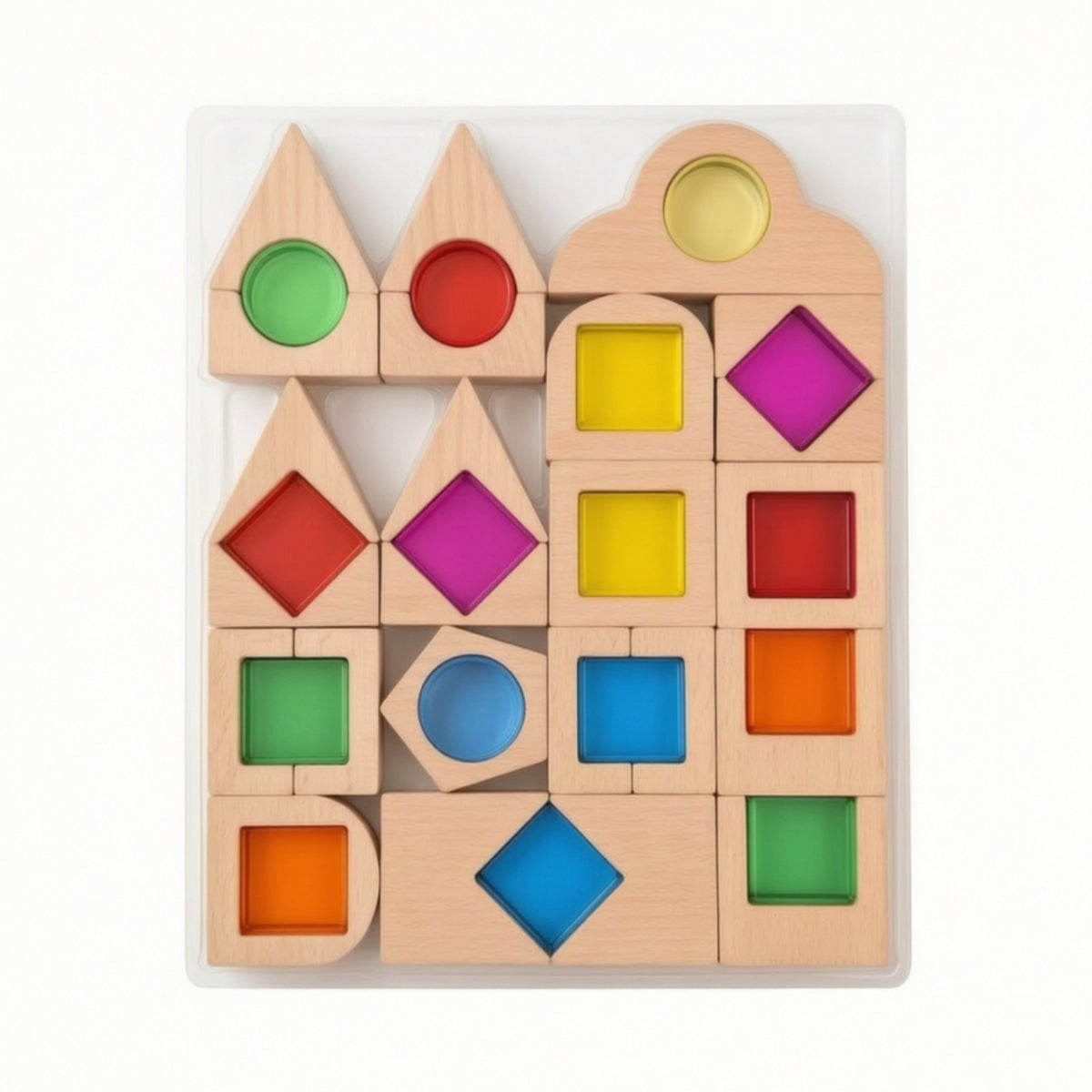 Wooden Building Toy with Acrylic Inserts Stackable Sensory Blocks with Colored Openings Burr Geometric Blocks for Kids, Playroom