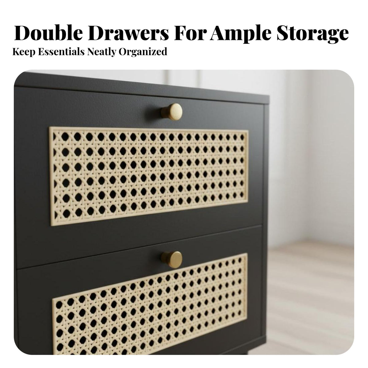 Minimalist Design 2-Drawer Woven-Front Cabinet Compact Size 2-Drawer Storage Stand Multi-Purpose Nightstand Sturdy and Long-Lasting for Homeowners, Renters, Students, Small Areas, Living Room, Entryway, College Dorm