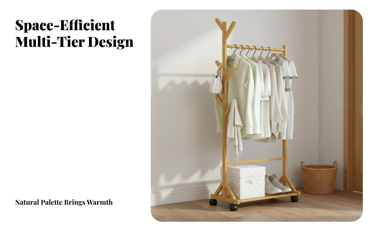Multi-Functional Freestanding Clothes Rack Space Saving Garment Rack with Shelves Large Capacity Wooden Coat Stand Stable Structure for Renters, Homeowners, Students, Bedroom, Entryway, Living Room, Apartment