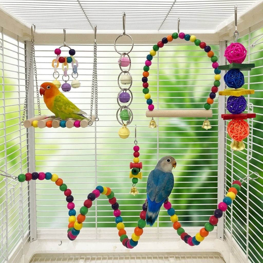 Parrot Toys 7 Piece Set, Parrot Cage Additions, Wood Parrot Climbing Toys and Parrot Gnaw Toys for Parakeets Cockatiels Enrichment