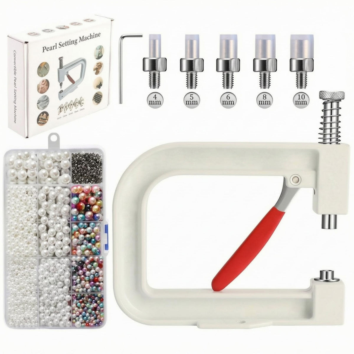 Interchangeable Tips Manual Bead-Setting Machine Coil-Driven-Loaded Hand-Press Bead Setter Metal Body Beads Rivet Fixing Machine Red Lever Handle for Jewelry Makers, Crafters, Workshop