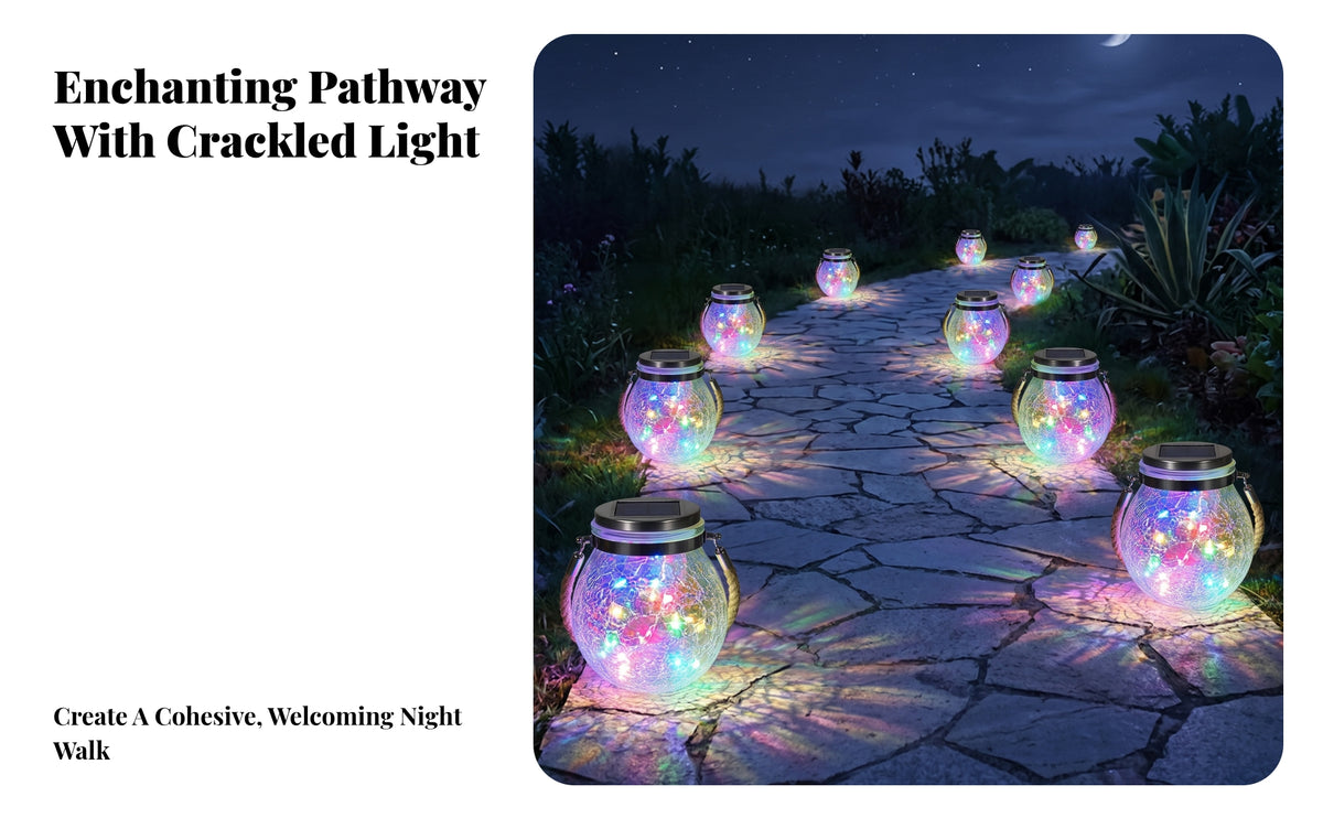 Outdoor Solar Lantern with Rope Handle Decorative Solar Hanging Lantern Cordless Crackle Glass Jar Light Long-Lasting for Garden, Patio, Yard, Balcony