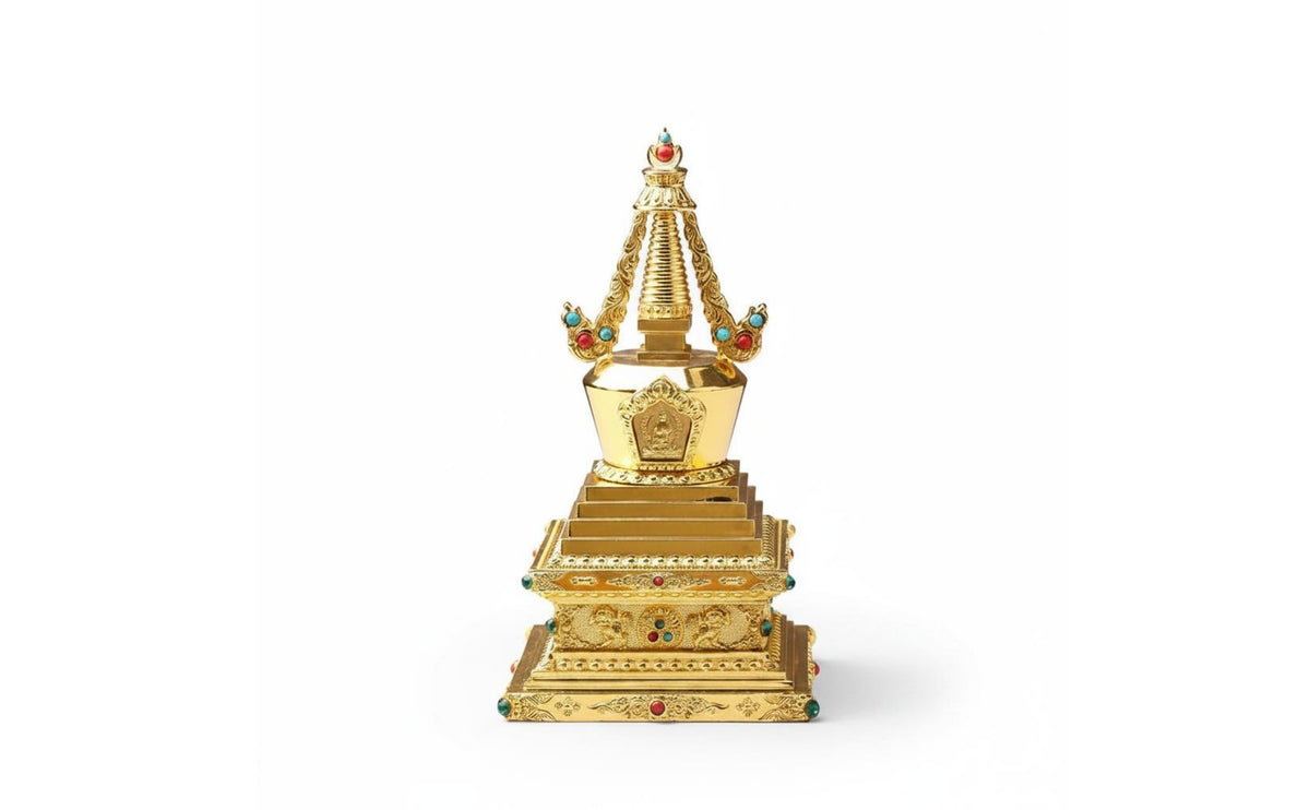 Alloy Construction Tibetan Buddhist Stupa Intricate Details Gilt Bodhi Pagoda Jewel Inlaid Buddhist Relic Container for Buddhists, Meditation Space, Shrine