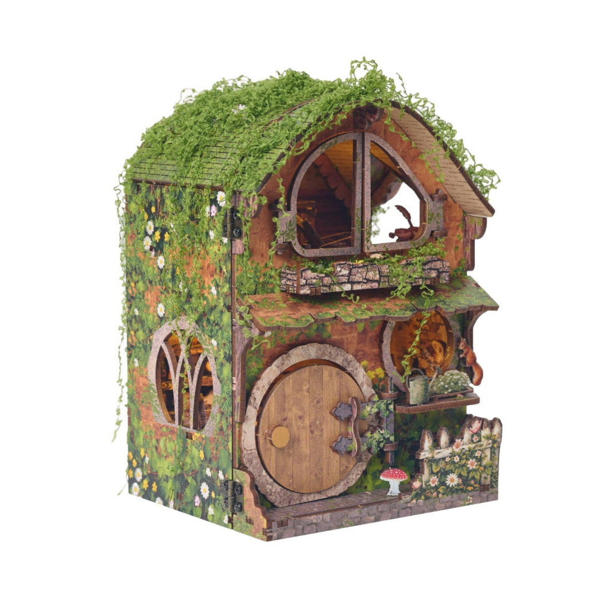 DIY Wooden Cottage Model Lighted Cottage Model with LED Lights Rustic 3D Wooden Puzzle Desktop for Crafters, Desk Ornament