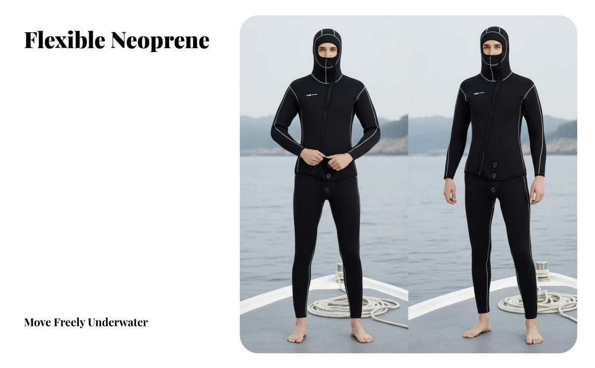 5mm Wetsuit, Hooded Two-Piece, Front Diagonal fastener, Thermal, Surfing, Deep Diving, Freediving, Black