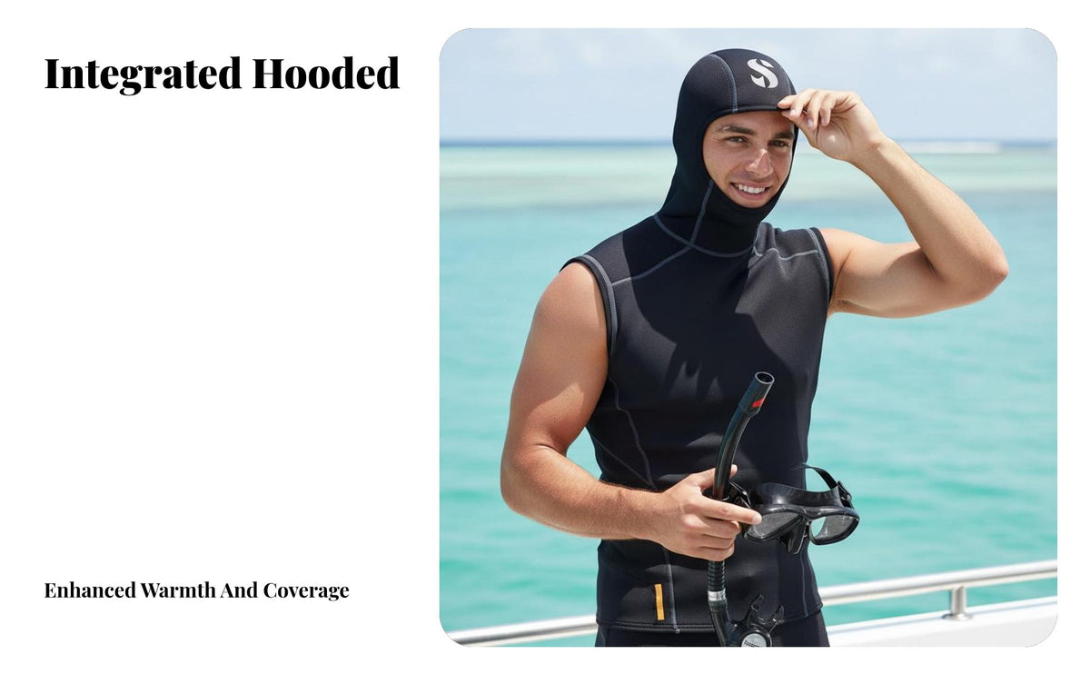 Hooded Diving Vest, 1 millimeter Neoprene, Men's versatile Thermal Top, Black, Integrated Hood
