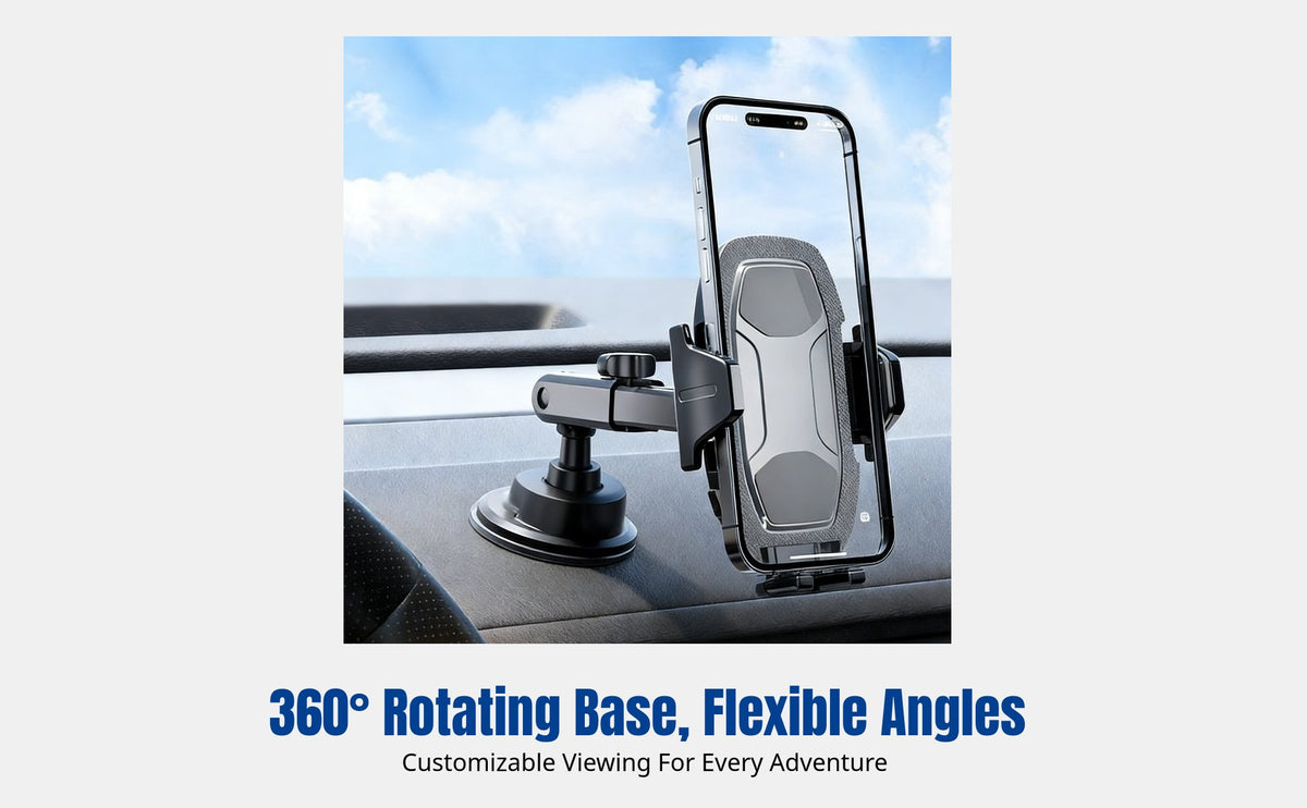 Car Phone Holder, Dashboard Suction Mount, 360° Adjustable Base, Multifunction Design