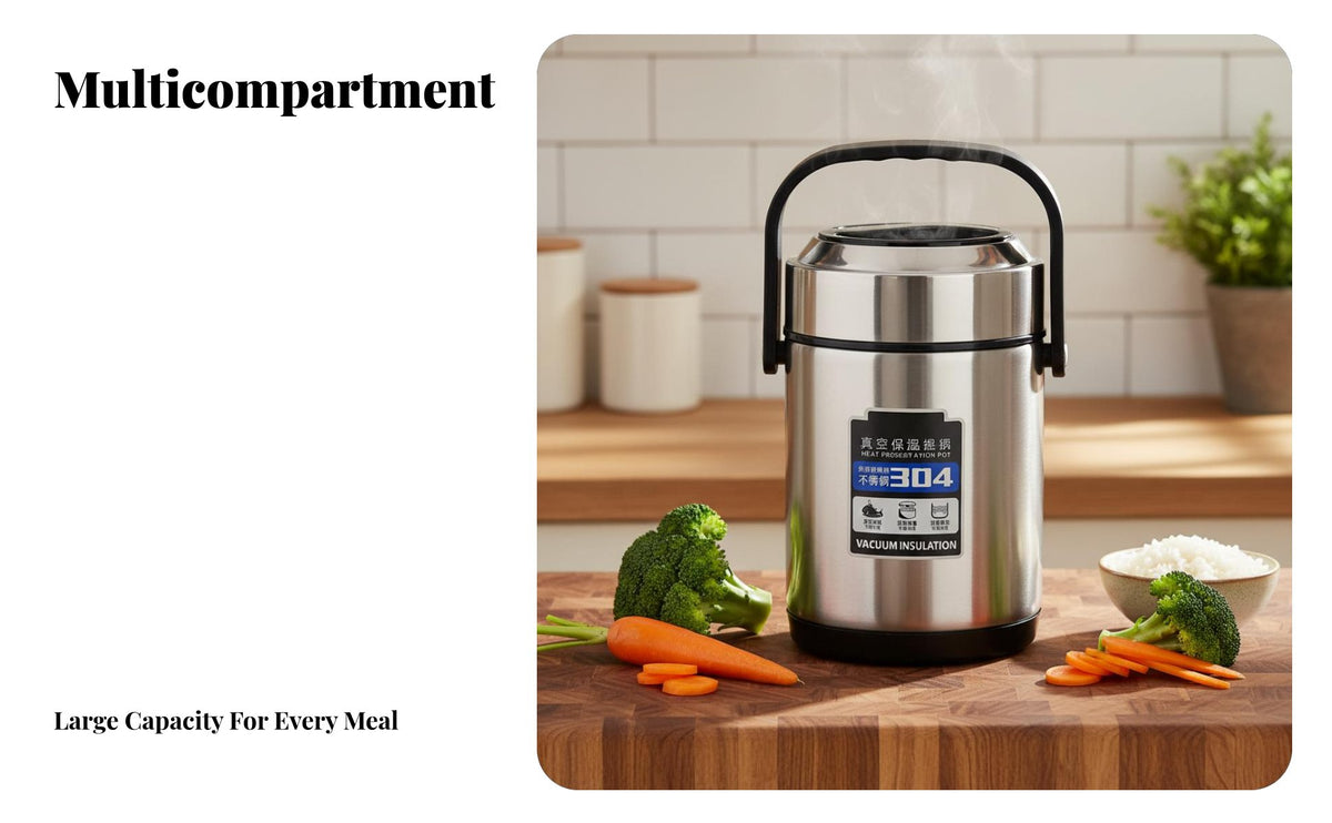 Vacuum Insulated Lunch Box, Stainless Steel, 3 Compartments, Portable, Office, Winter