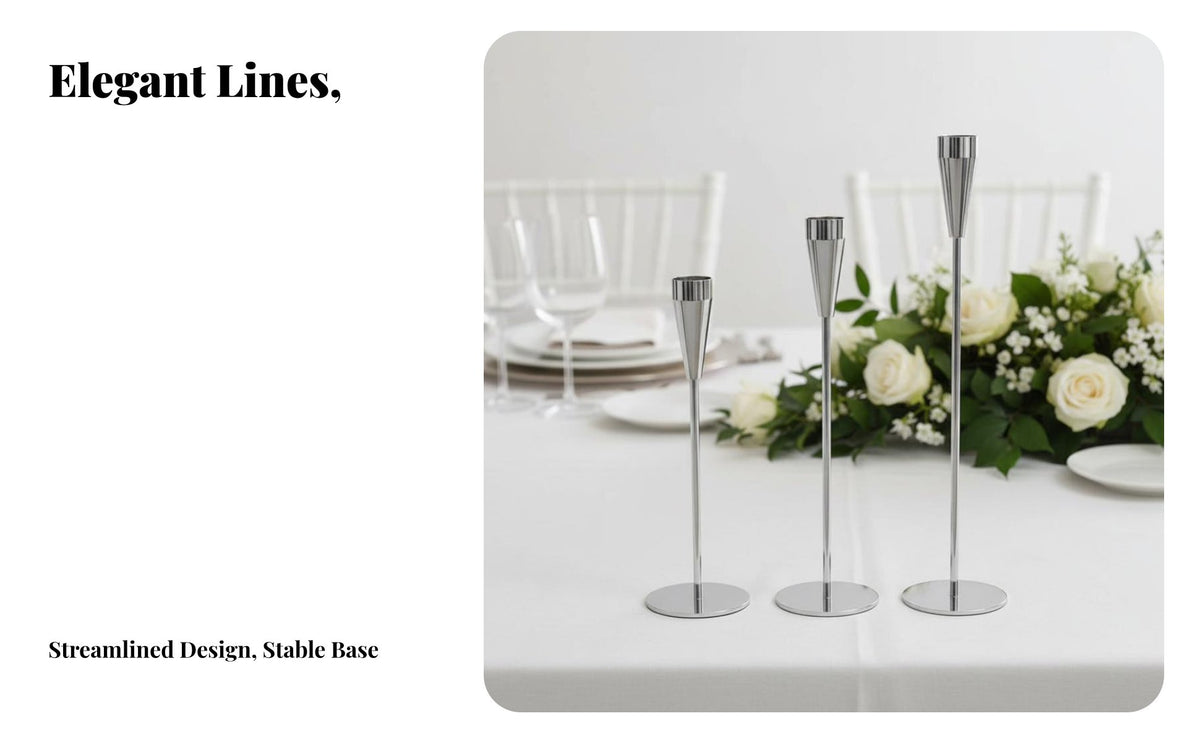 Silver Candle Holder, Metal Tapered Candlestick, Modern Minimalist Decor for Wedding, Home, Dinner Table