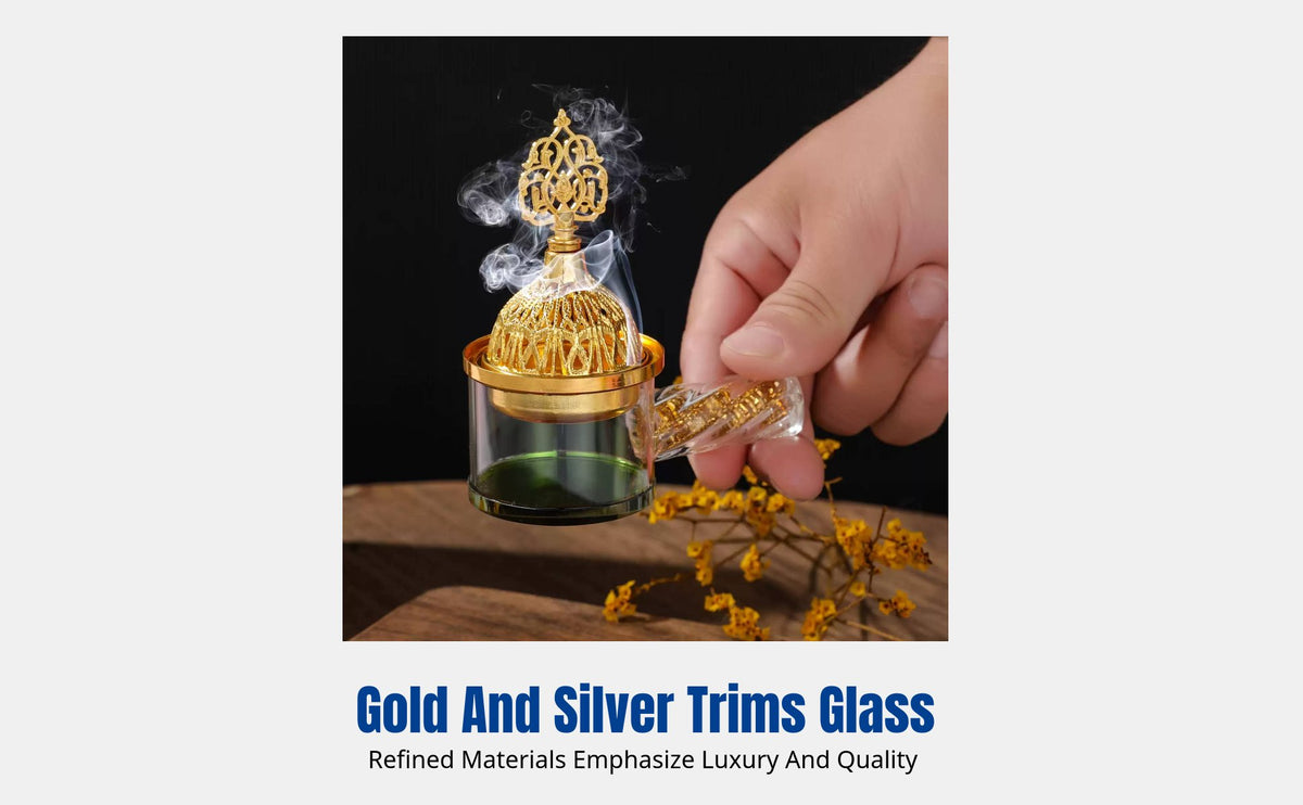Crystal Glass Incense Burner, Gold Silver Handle, Middle Eastern Design, Home Decor, Charcoal Aroma Holder