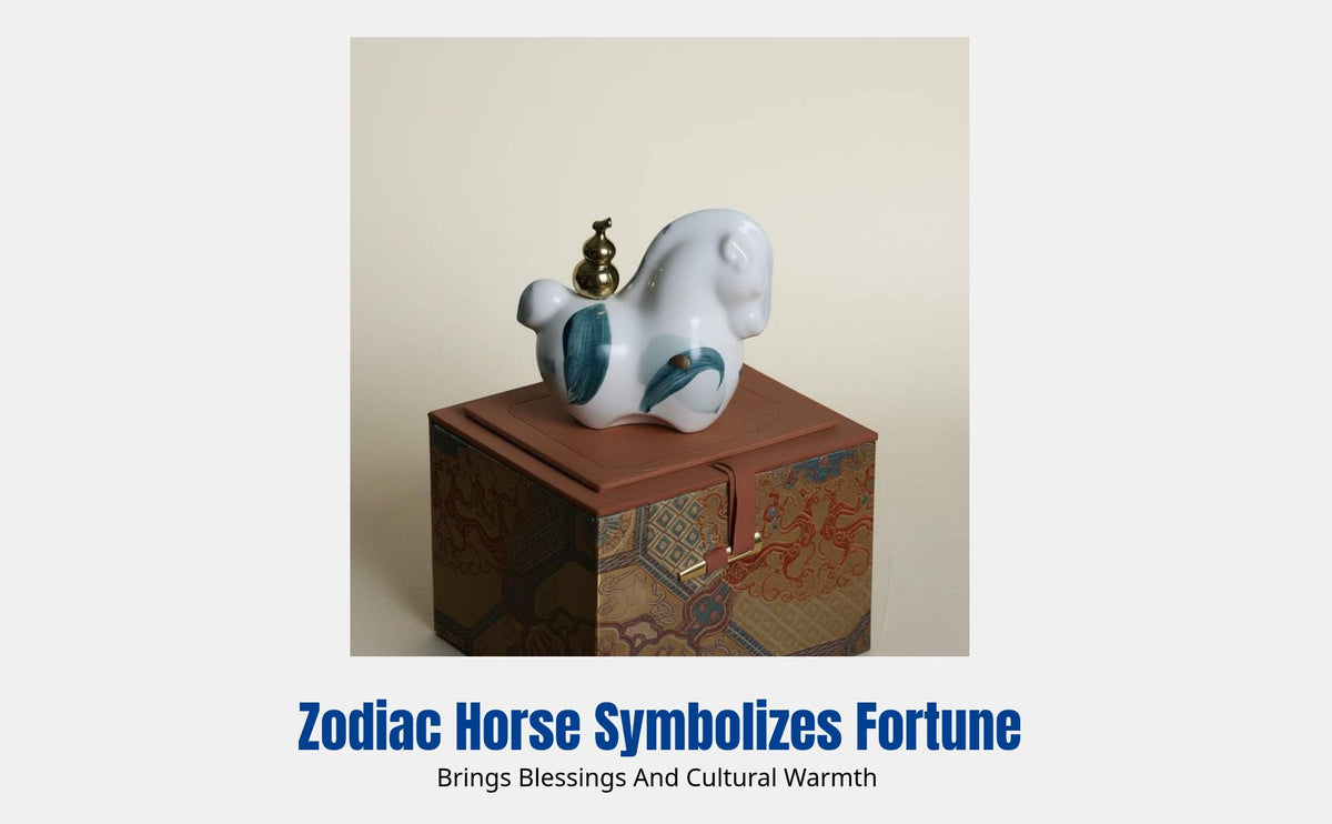 Hand-Painted Navy & Cream Ceramic Horse Figurine, Chinese Design, Gold-Trim, Office Decor