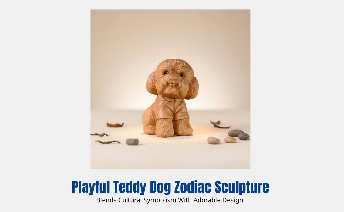 Cypress Wood Teddy Dog Tea Pet, Cartoon Puppy Sculpture, Handcrafted Home Decor