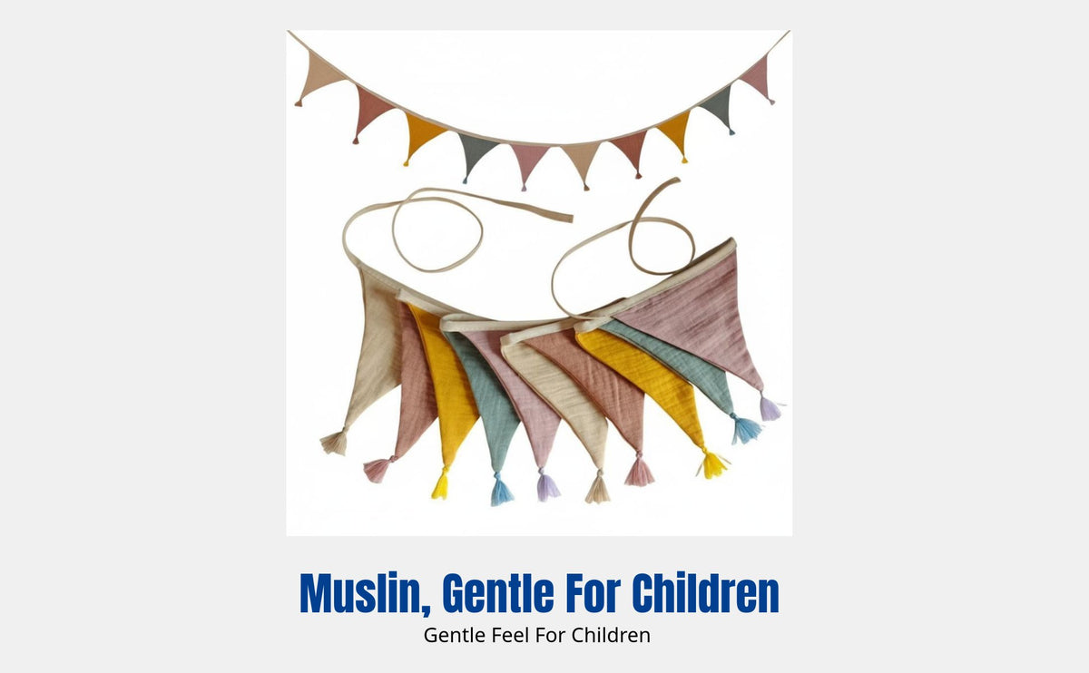 Muslin Cotton Triangle Bunting Banner, Kids Room Decor, Nursery Party Garland, Holiday Hanging Flag