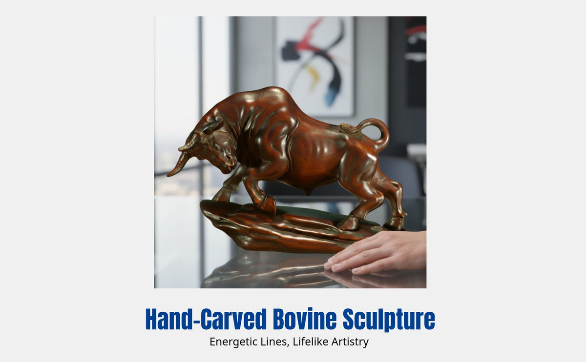 Boxwood Carved Ox Sculpture, Office Decor, Wall Street Bull, Antique Finish, Art Craft