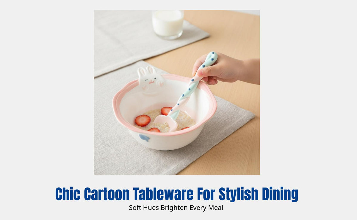 Cute Cartoon Bunny Ceramic Bowl Set, Animal Pattern, Underglaze Color, Home Tableware