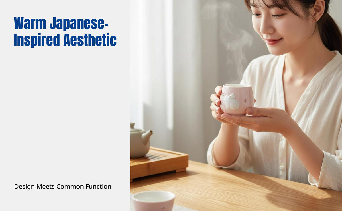 Rose Hare Ceramic Tea Mug, Cute Ladies Mug, Embossed Animal Design, Japanese Style