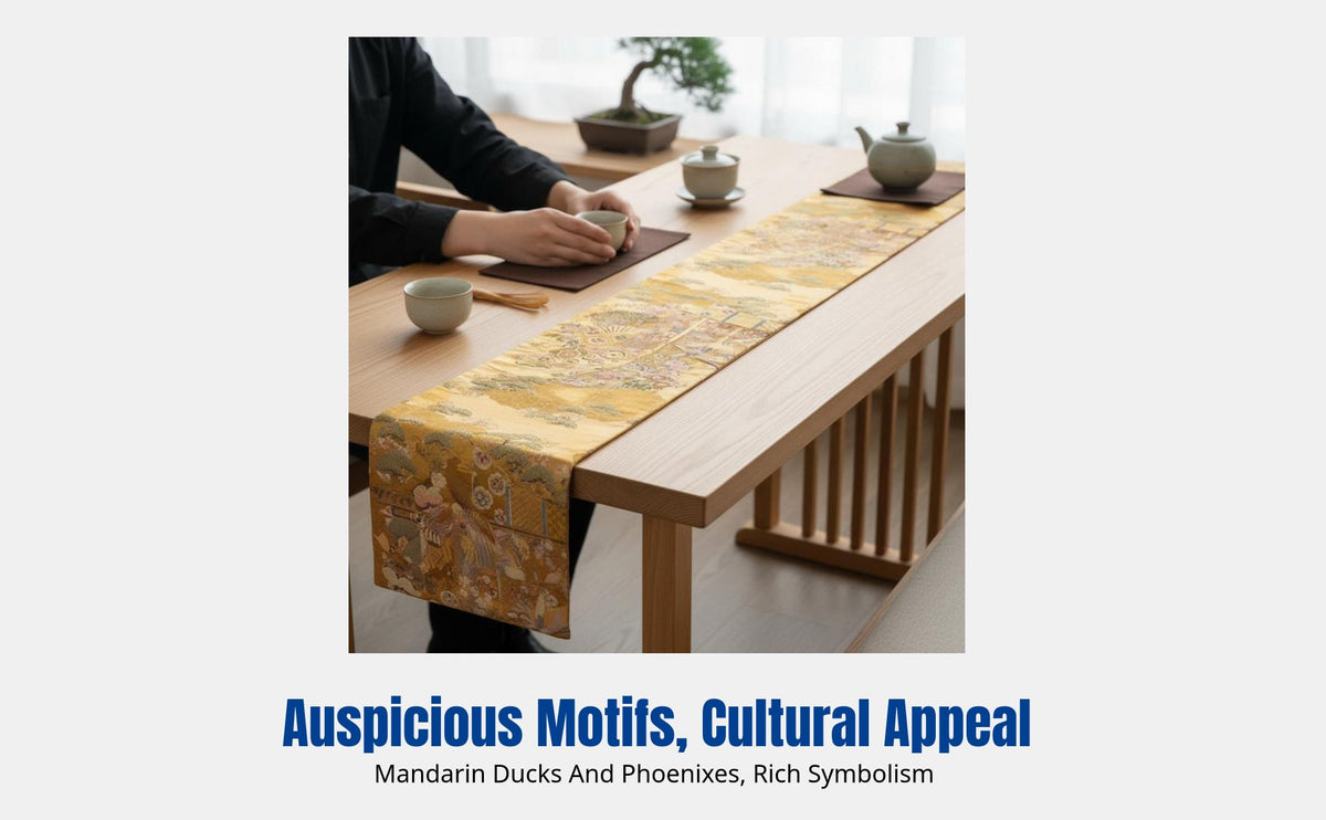 Jacquard Table Runner, Oriental Phoenix & Mandarin Duck Tea Mat, Gold Brocade, Serene Decor