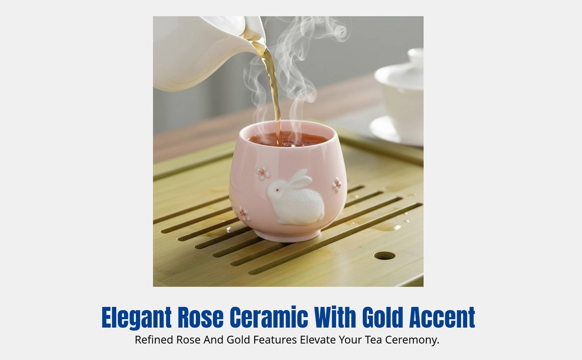Rose Hare Ceramic Tea Mug, Cute Embossed Animal Design, Women's Gongfu Mug