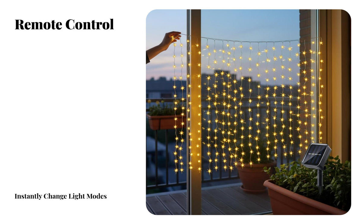 Star Curtain LED Copper Wire, Universal Connector & Solar, Remote, Multi-Mode, IP44, Holiday, Wedding, Bedroom, Shop