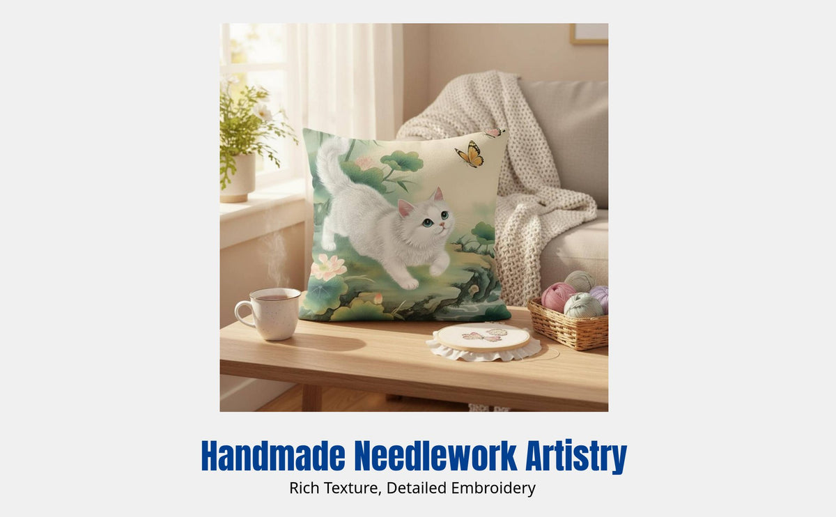 Cartoon Cat Embroidery Pillow, Cute Embroidered Cover, Three-Sided Fastener, DIY Kit