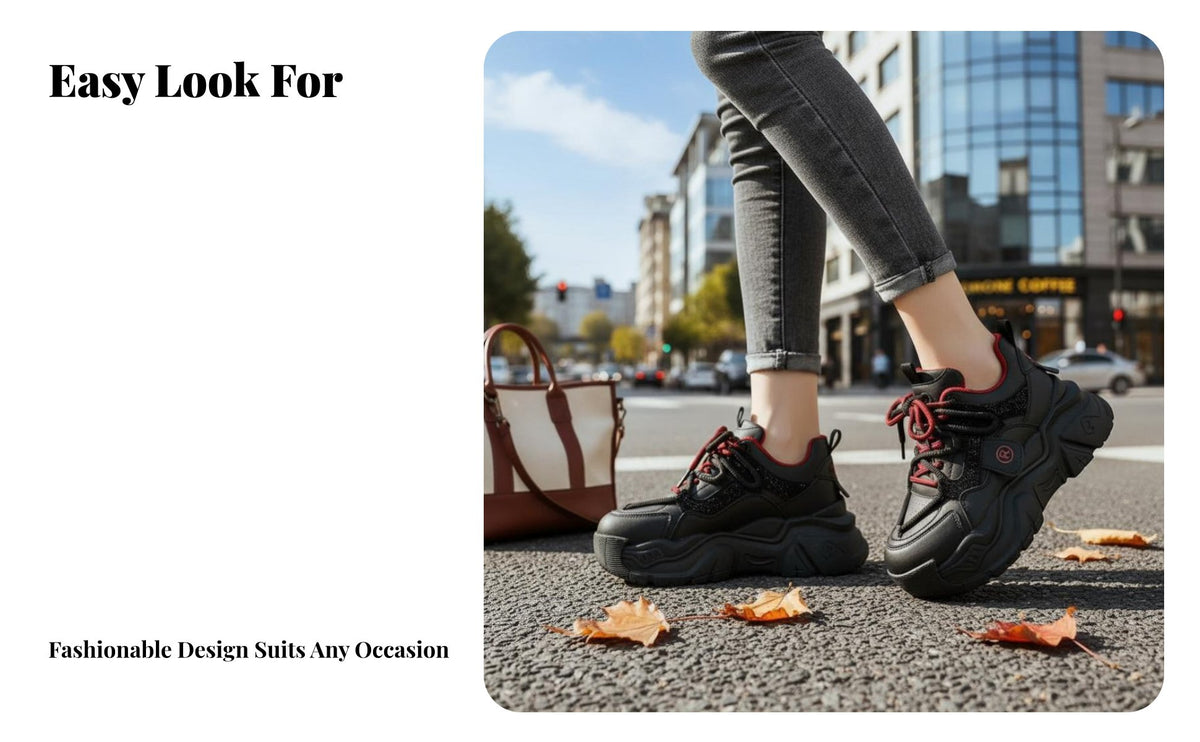 Chunky Dad Shoes for Women, Elevated Thick Sole, Red Lace-Up, Height Boost, Autumn Winter Comfort