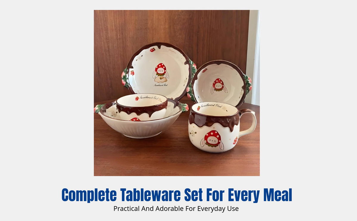 Cartoon Strawberry Hare Dinnerware Set, Ceramic Bowl & Plate, Cute Tableware for Home, Salad Bowl