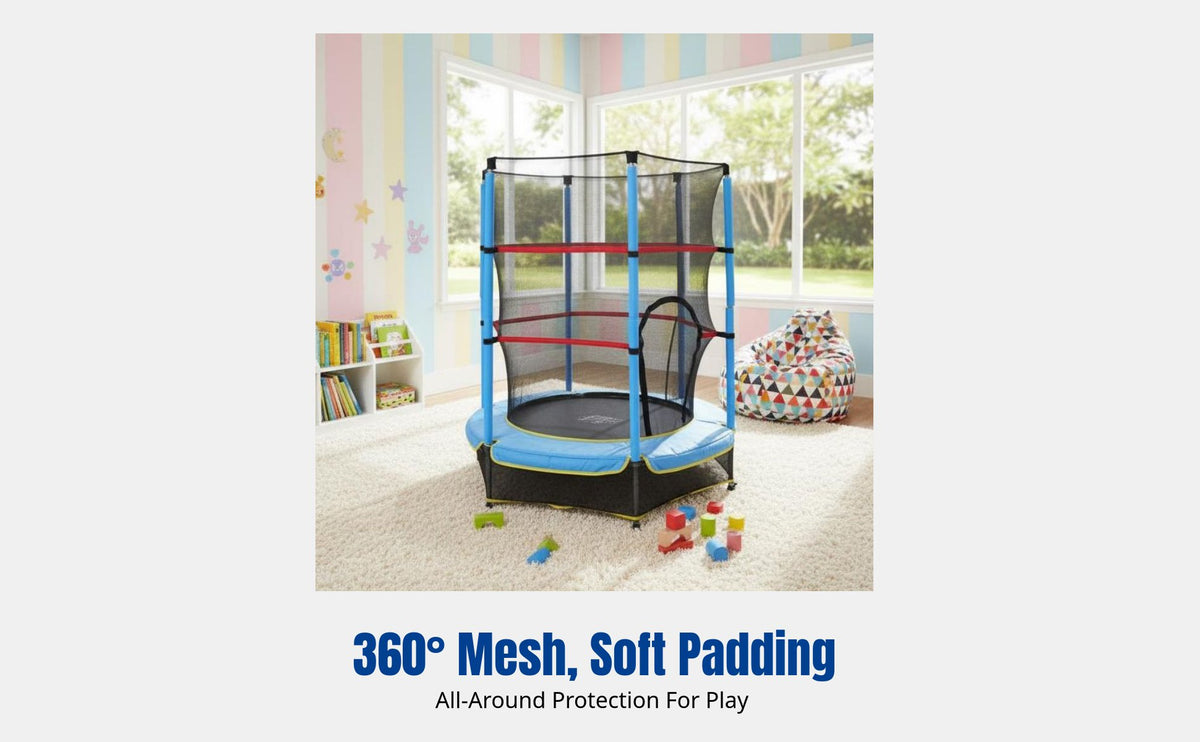 Child Fitness Trampoline, Indoor and Outdoor Enclosure, Steel Frame, Bouncy Seat, Colorful, Multiple Attachments