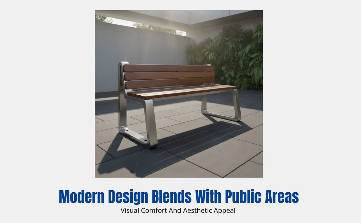Outdoor Bench, Stainless Steel Wood Garden Chair, Minimalist Design, Public Seating