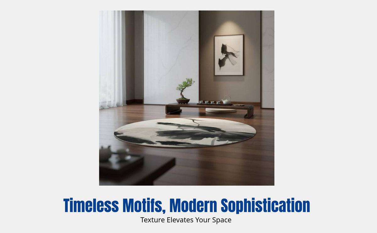 Chinese Ink Painting Carpet, Round Rug, Living Room, Tea Table, Meditation Room, Artistic Floral Pattern, Blended Material