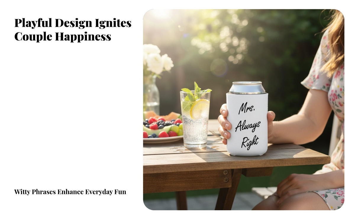 Wedding Theme Neoprene Can Sleeve, Mr Right & Lady forever Right, Insulated Holder