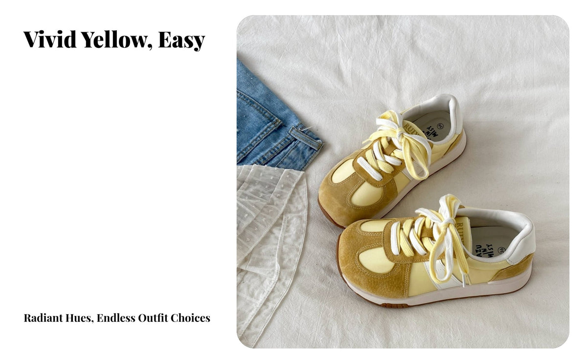 Chunky Sole Yellow relaxed Sneaker, Women's Retro Lace-Up, 2025 Autumn stylish