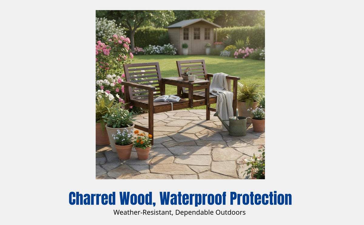 Outdoor Solid Wood Patio Chair Set, Carbonized Double Backrest Bench with Tea Table, Garden Leisure Furniture