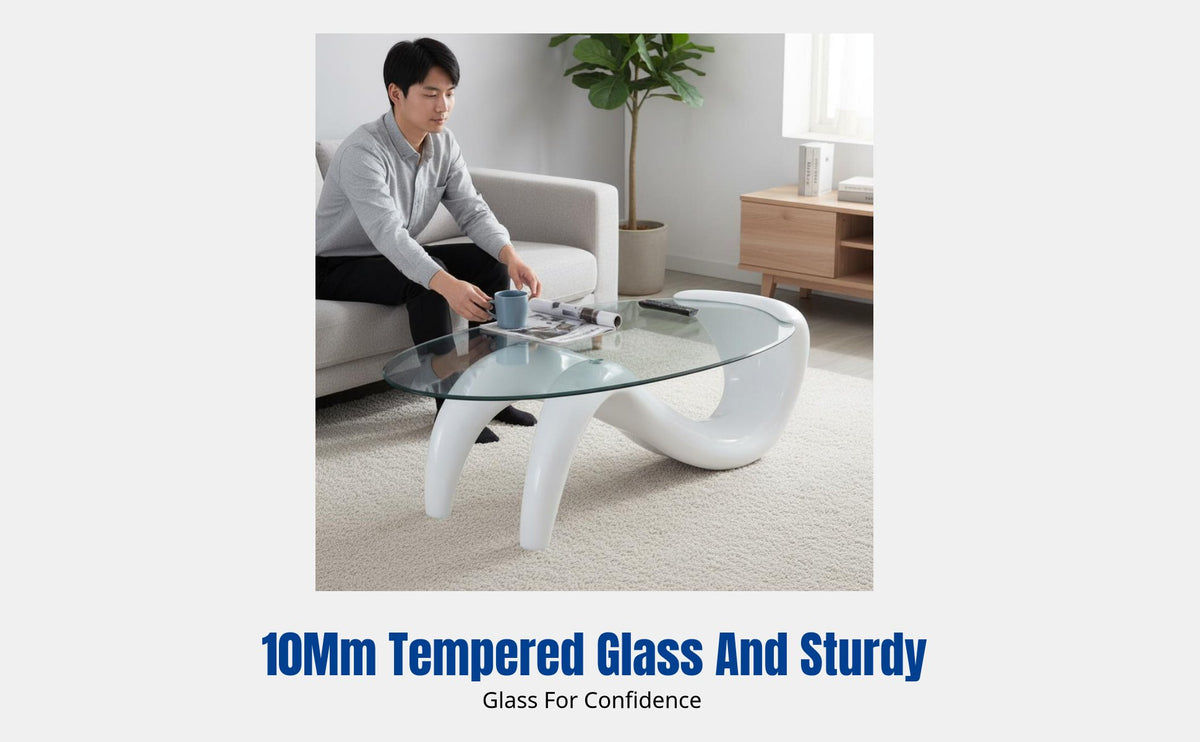 Modern Minimalist Tempered Glass Coffee Table, Oval Shape, Mermaid Design, Creative Accent for Small Living Room